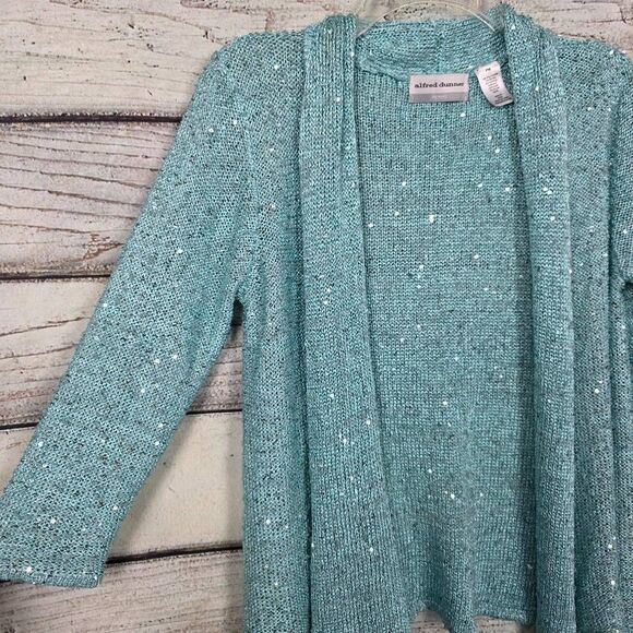 Alfred Dunner Petite PM Teal Sequin Open Cardigan - Picture 4 of 6